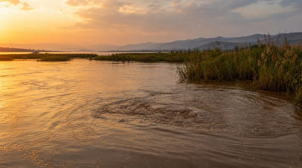 Photo of rusizi river at golden hour.