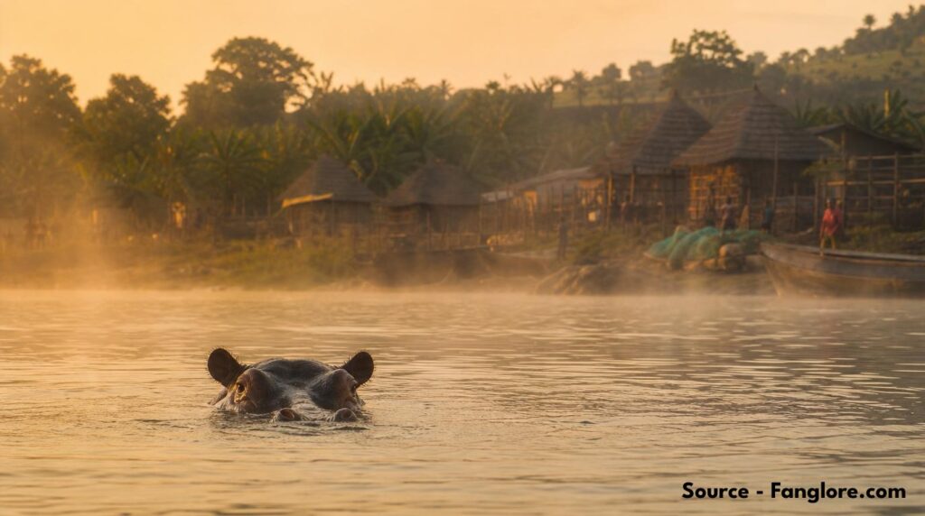 Hippo surfacing at golden hour in Lake Edward, Uganda, near a lakeside homestead, with text overlay "Surviving the Jaws of a Hippo - 2