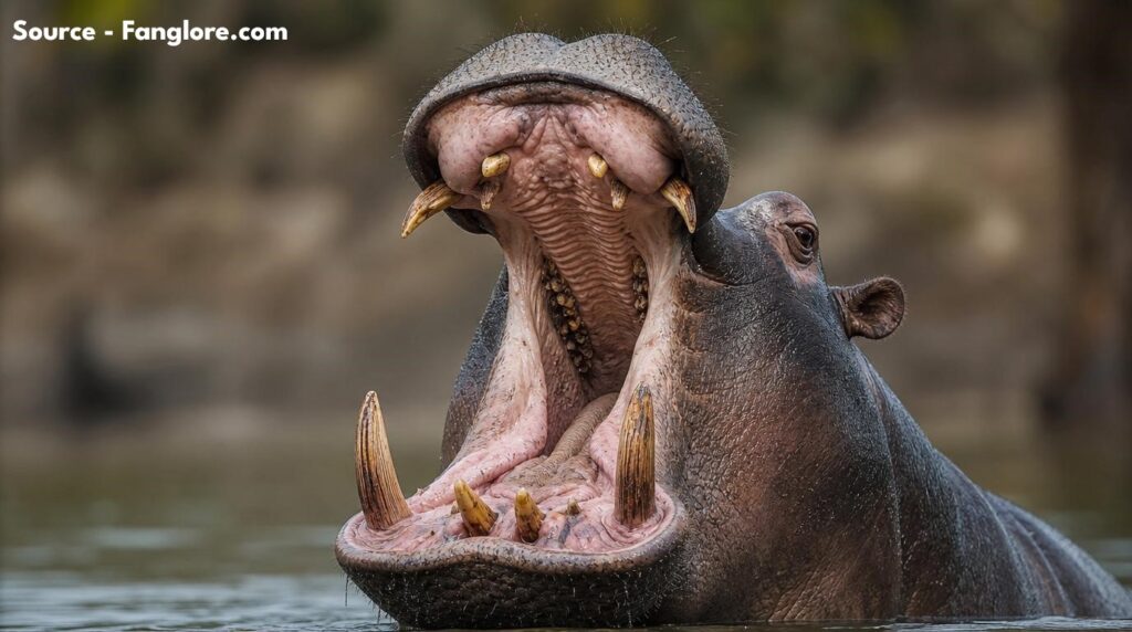 Close-up of a hippopotamus's open mouth showing its large canine teeth, photographed from a safe distance