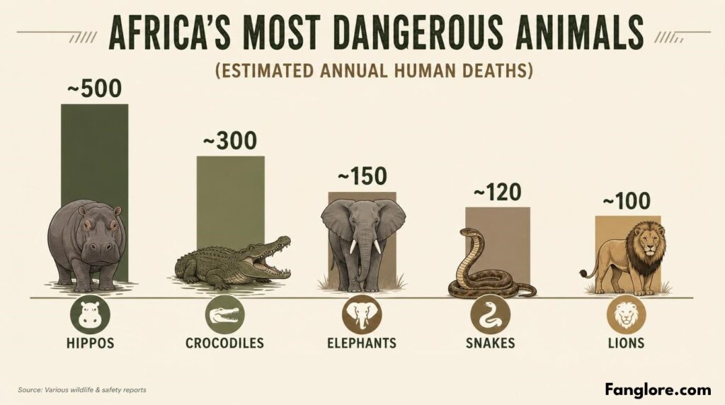 Infographic comparing estimated annual human deaths in Africa caused by hippos, crocodiles, elephants, snakes, and lions