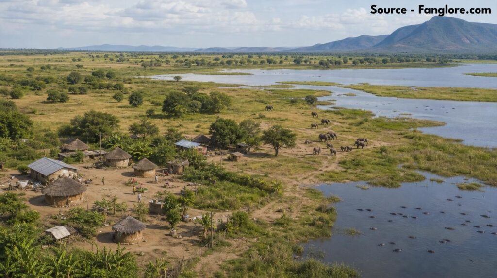 Supposed Aerial view of Queen Elizabeth National Park, Uganda, showing a village bordering open savanna and lake habitat