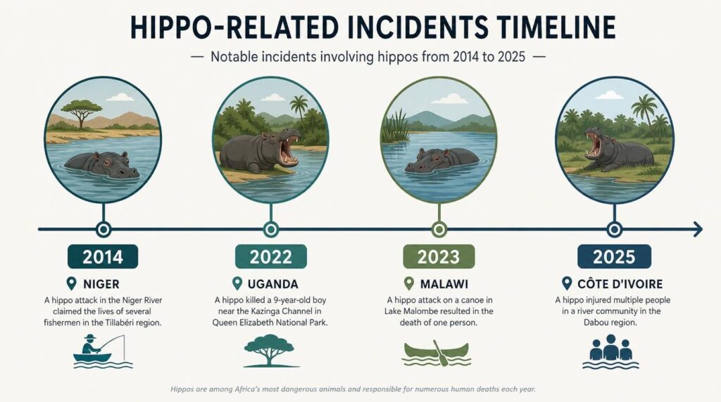 Timeline infographic of notable hippo attack incidents in Africa from 2014 to 2025