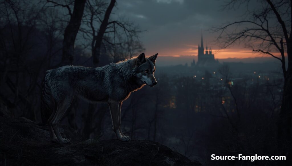 A scarred grey wolf with a stumpy tail stands at the edge of a dark forest at dusk, with the silhouette of medieval Paris and Notre-Dame visible in the misty distance.