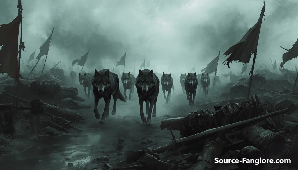A pack of gaunt, hungry wolves moves through a fog-covered medieval battlefield littered with abandoned encampments and torn banners