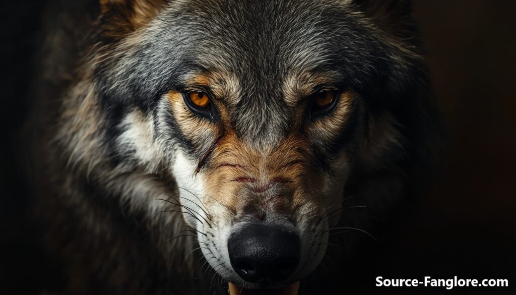 Close-up portrait of a snarling grey wolf with a torn ear and scarred muzzle, lit dramatically against a dark background.