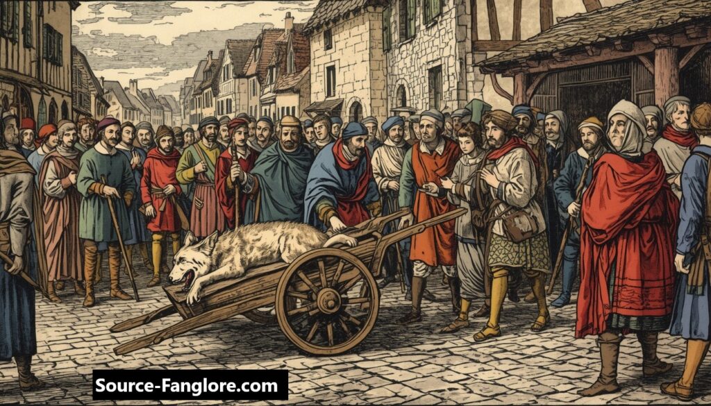 Medieval townspeople gather around a wooden wheelbarrow displaying a dead wolf with its jaws propped open, on a cobblestone street in 15th-century Paris