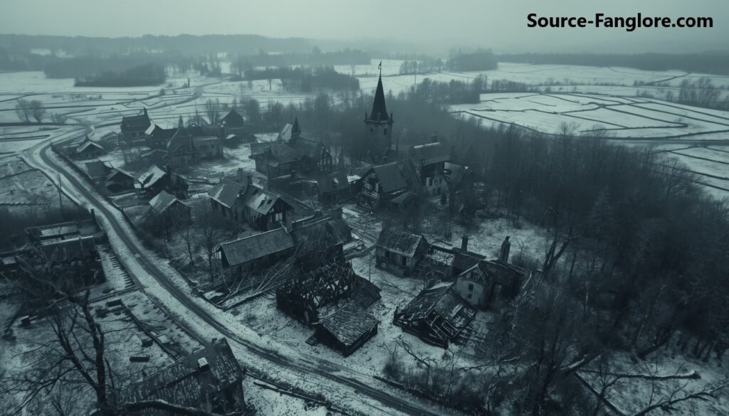 Aerial view of a war-ravaged, snow-covered French countryside with an abandoned village and a line of wolves crossing the empty fields