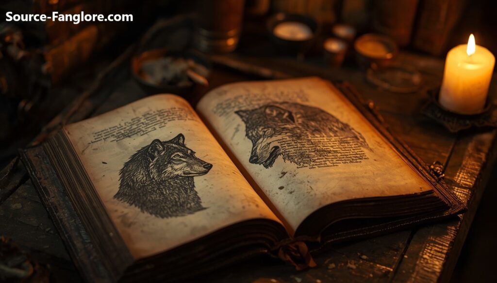 An old leather-bound book lies open under candlelight, showing faded ink illustrations of wolves on its pages