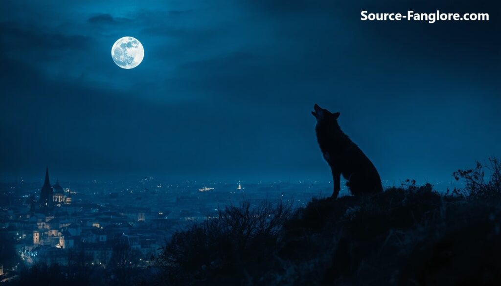 Silhouette of a lone wolf howling on a hilltop overlooking medieval Paris at night under a full moon
