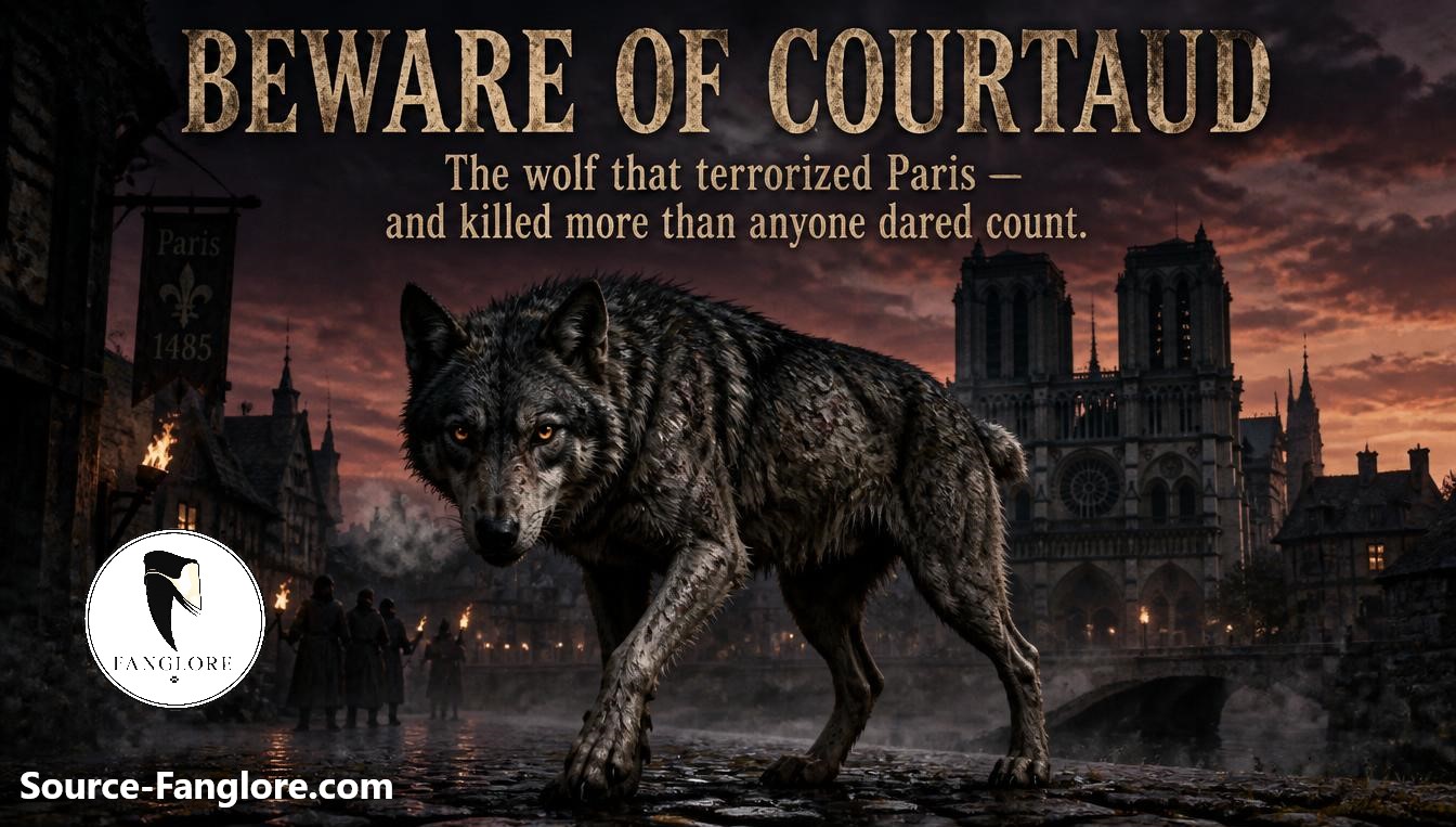 A scarred grey wolf with a stumpy tail stands on a torch-lit medieval Paris street at dusk, with the text 'Beware of Courtaud' overlaid above an image of Notre-Dame's silhouette.