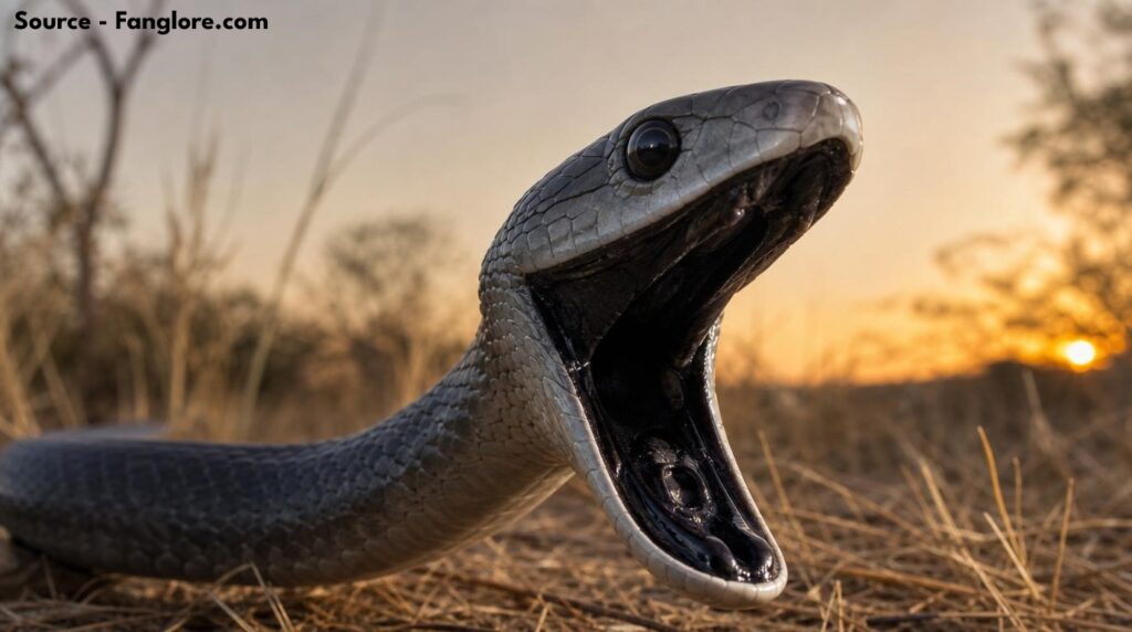 a black mamba snake showing it's black open mouth