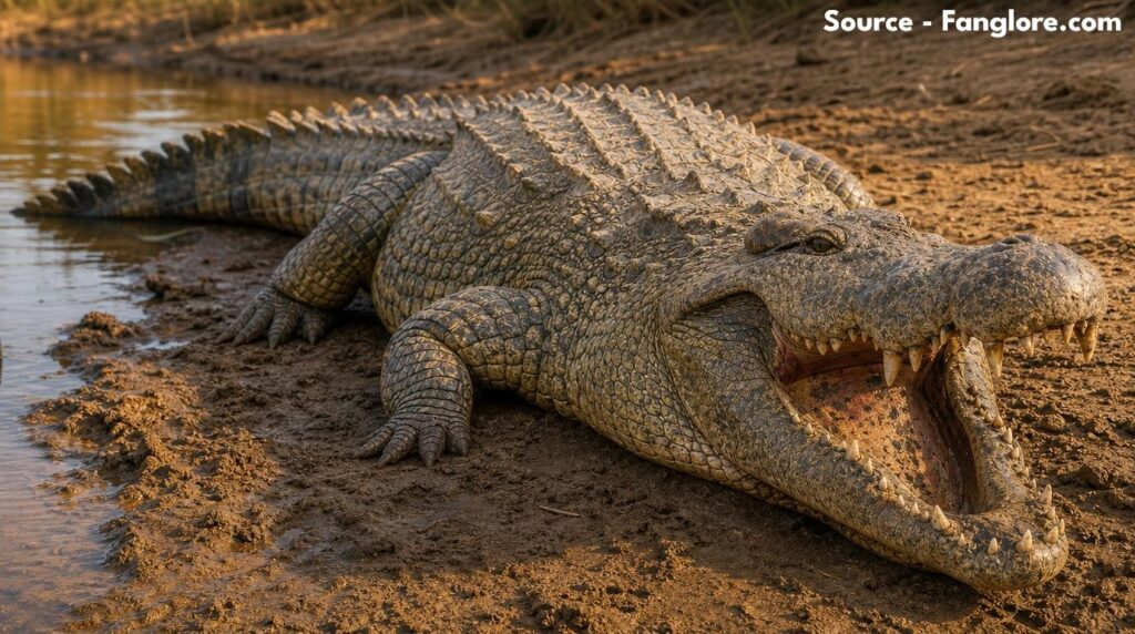 Henry the Nile crocodile, the world's oldest known crocodile at 125 years old, basking on a riverbank at Crocworld Conservation Centre in South Africa