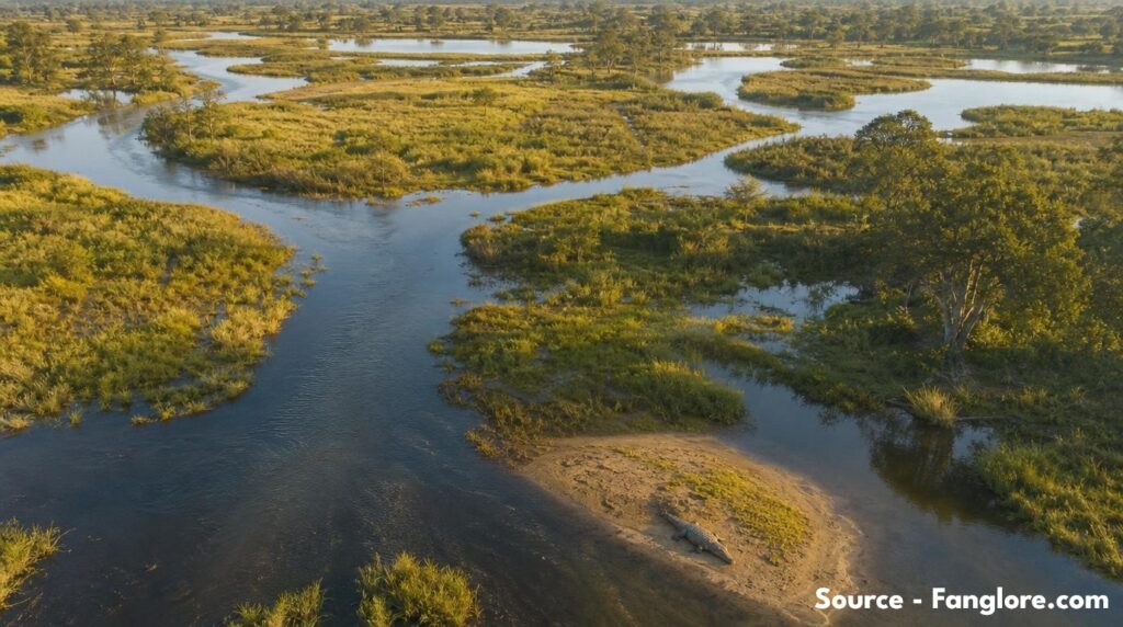 Aerial view of the Okavango Delta wetlands in Botswana, the wild birthplace of Henry the crocodile in the early 1900s