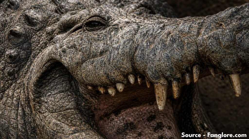Close-up of an aging Nile crocodile's scarred, weathered skin and worn teeth, showing signs of over a century of age