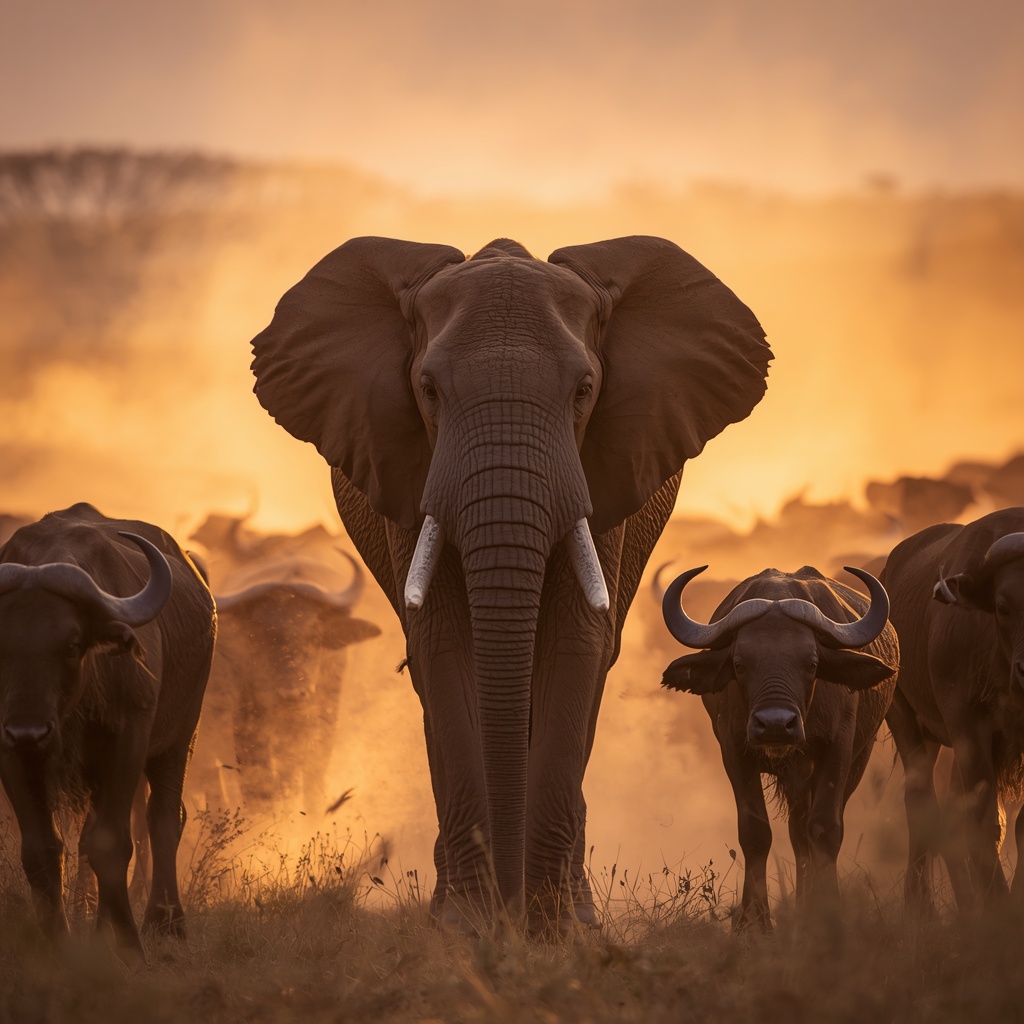Nzou the orphaned elephant walking alongside a herd of African buffalo at sunset