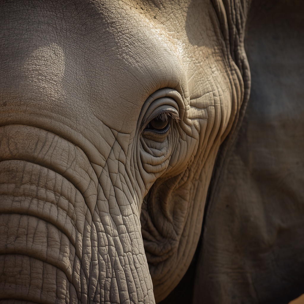 Close-up portrait of Nzou the orphaned elephant showing her gentle eye and wrinkled skin