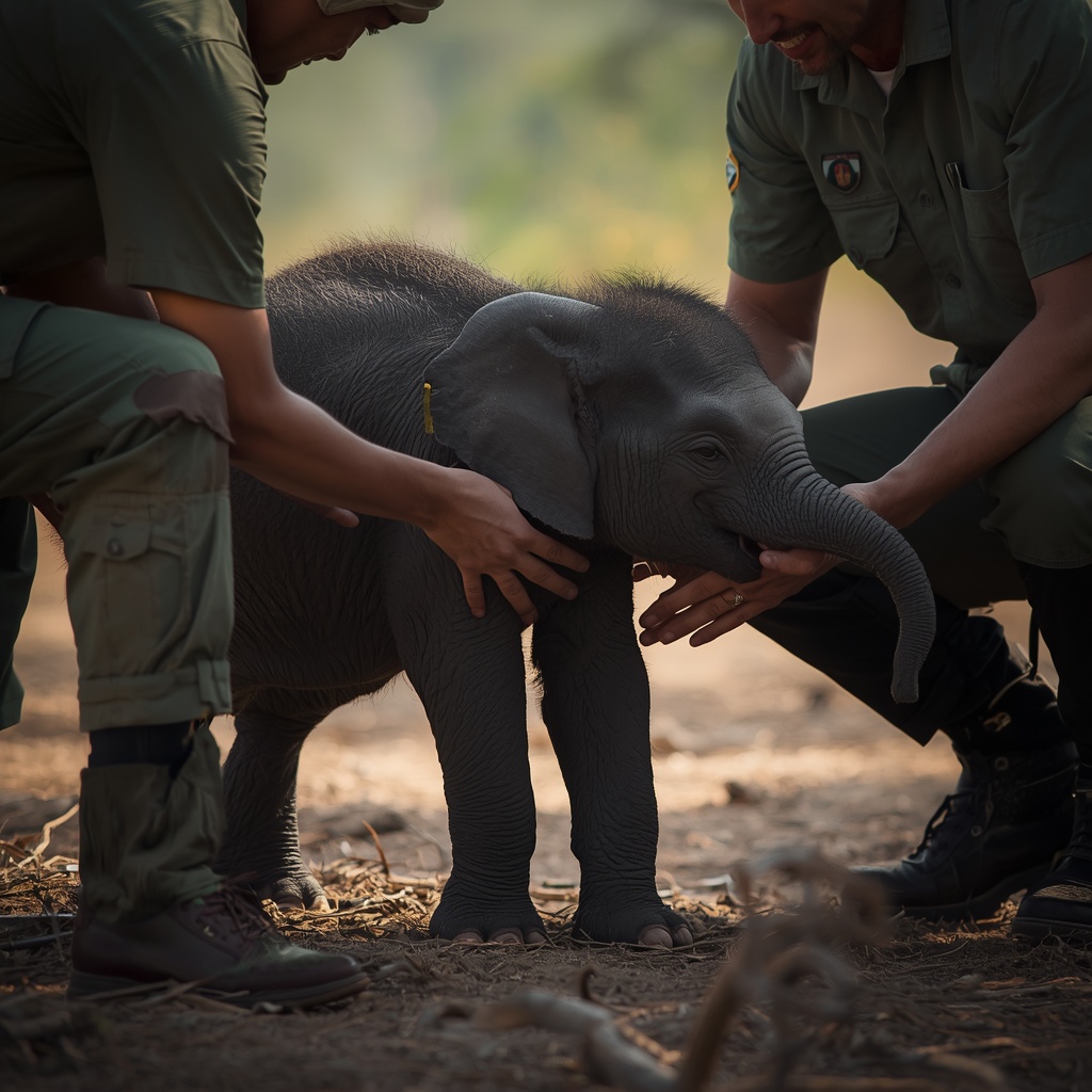 Young orphaned elephant with wildlife rangers