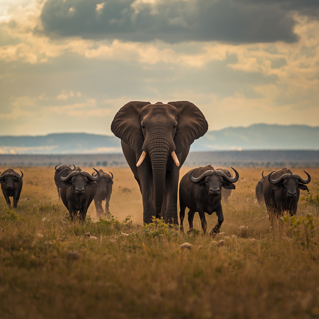 Nzou the elephant standing among her adopted buffalo herd on the African savanna