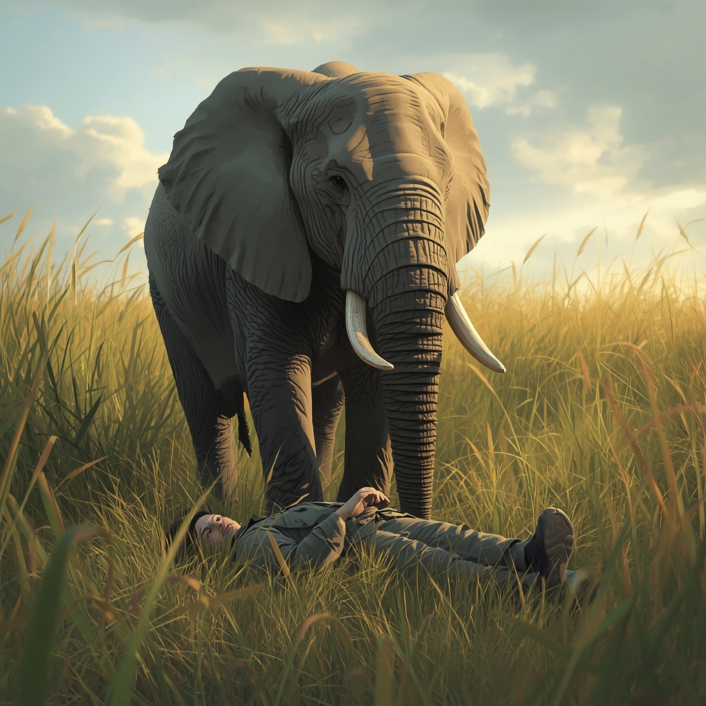 Illustration of an African elephant standing guard for a wildlife ranger