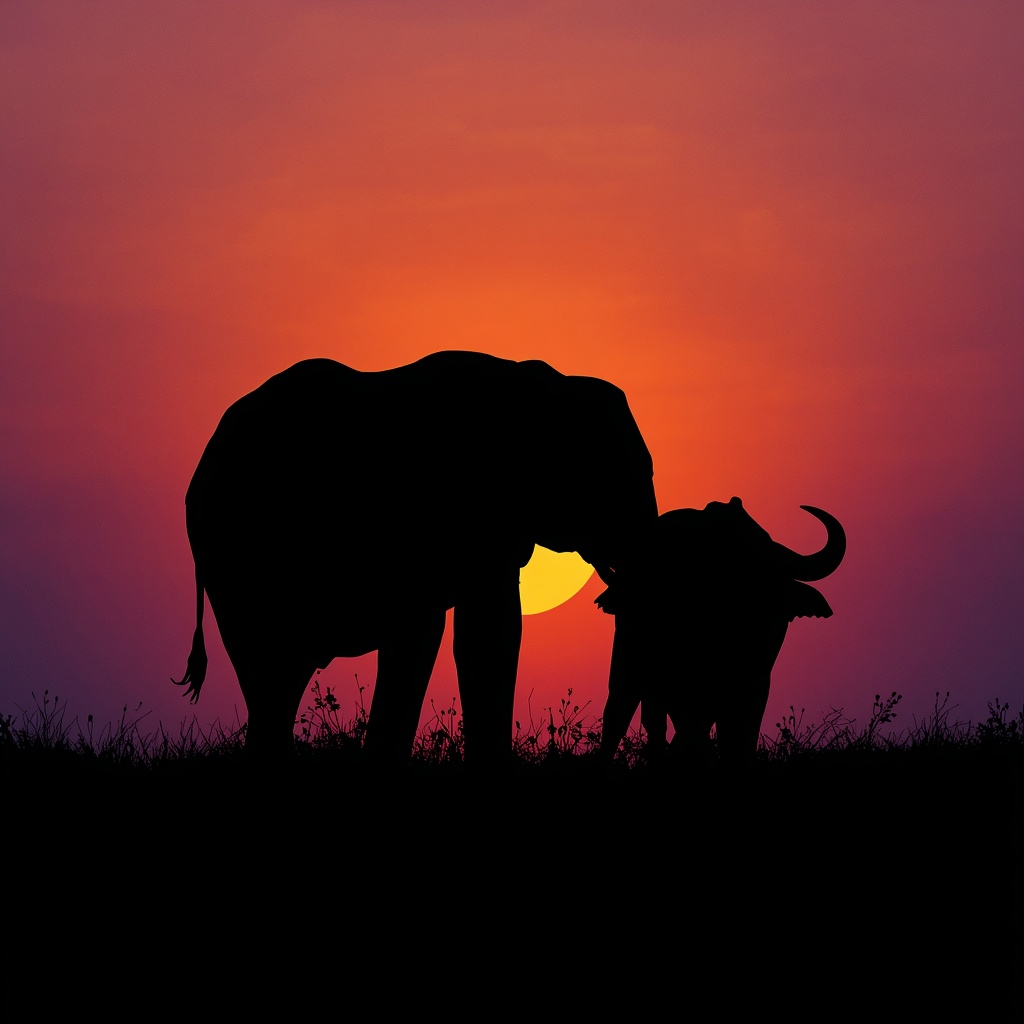 Silhouette of Nzou and an African buffalo against a dramatic sunset