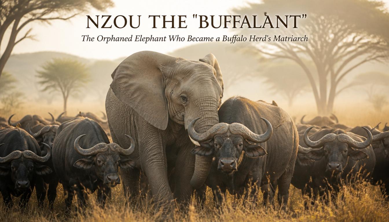 Featured image for Nzou the Buffalant story showing the orphaned elephant with her adopted buffalo family
