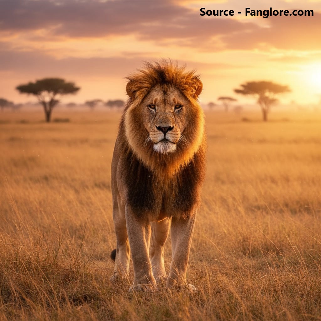 A male lion with a dark, windswept mane and a scar over his right eye stands on the savannah at sunrise, warm golden light.