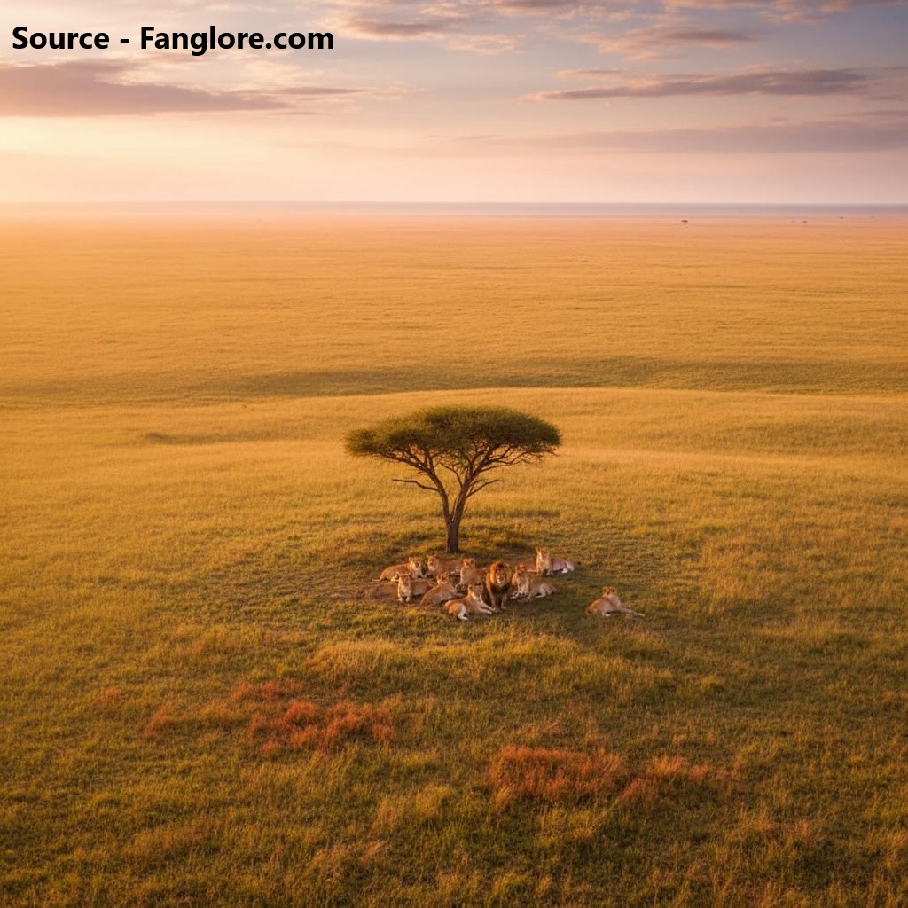 Aerial view of the Maasai Mara savannah at golden hour, rolling grasslands with a small lion pride resting under an acacia tree