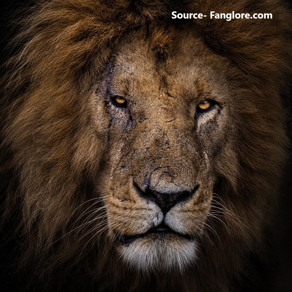 Close-up portrait of a lion's face showing a healed scar across its right eye, intense golden eyes under moody lighting