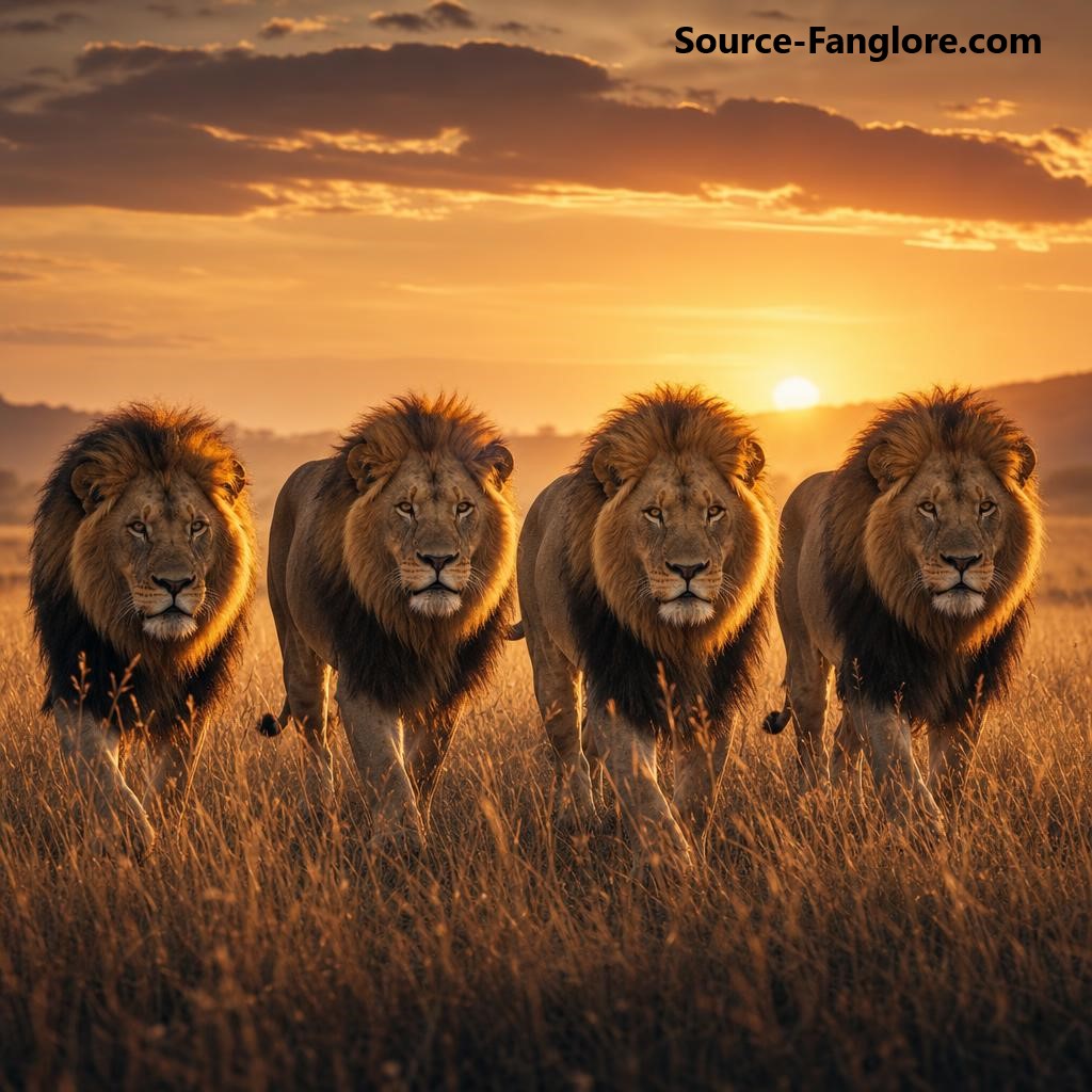 A coalition of four male lions walks side by side through tall golden grass at dusk