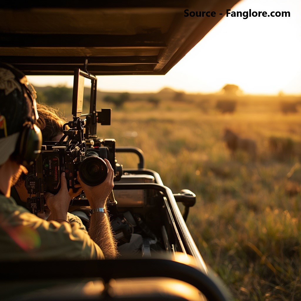 A film crew with telephoto camera lenses on a safari vehicle films a lion in the distance on the savannah at golden hour.