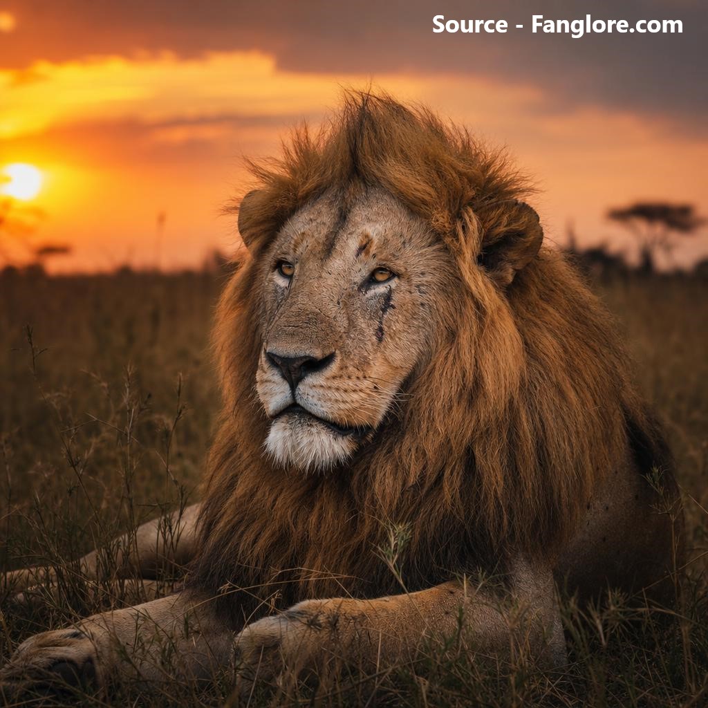 An aging male lion with a scarred face rests alone in tall grass at sunset, weathered and calm.