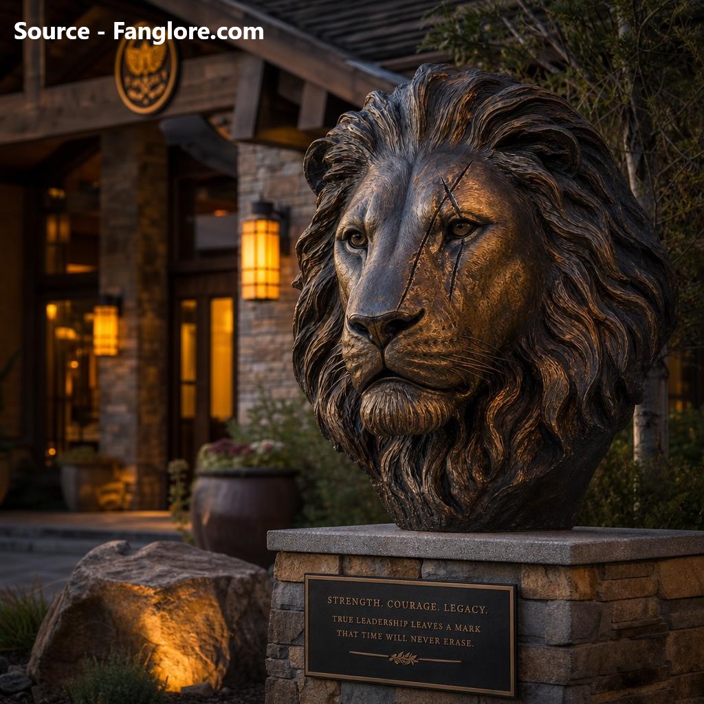 A steel sculpture of a lion's face with a distinctive scar, displayed as a memorial art piece at an outdoor lodge entrance
