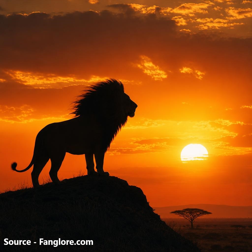 Silhouette of a lion standing on a rise against a vivid orange African sunset, mane blowing in the wind.