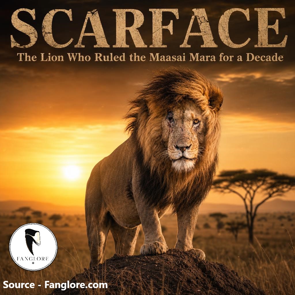 A male lion with a dark mane and a scar over his right eye stands on a termite mound on the Maasai Mara savannah at sunrise, with the text 'Scarface: The Lion Who Ruled the Maasai Mara for a Decade' overlaid above