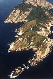 Aerial view of Snake Island (Ilha da Queimada Grande) off the coast of Brazil, home of the golden lancehead viper.