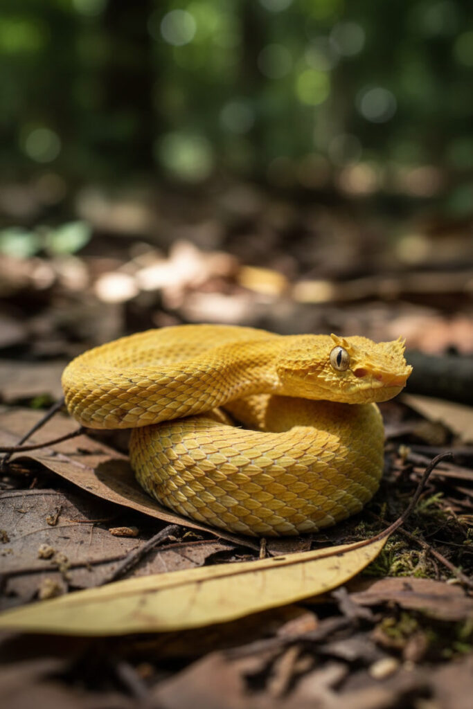 Close-up of a golden lancehead viper coiled on a forest floor on Snake Island, Brazil.