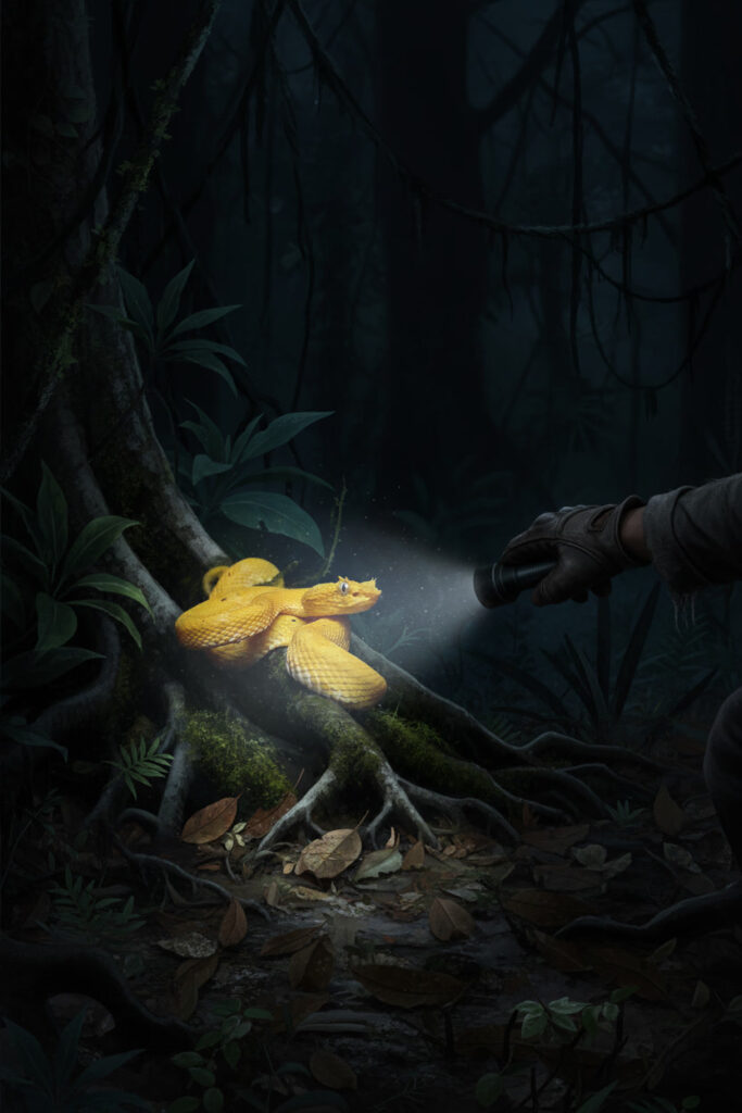 Illustration of a hand reaching out to Golden lancehead snake resting among leaf litter in the dense Atlantic forest of Snake Island. It signifies poaching of the deadliest snake for black market.