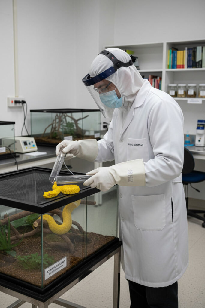 Scientist studying golden lancehead vipers at Instituto Butantan as part of venom and conservation research.