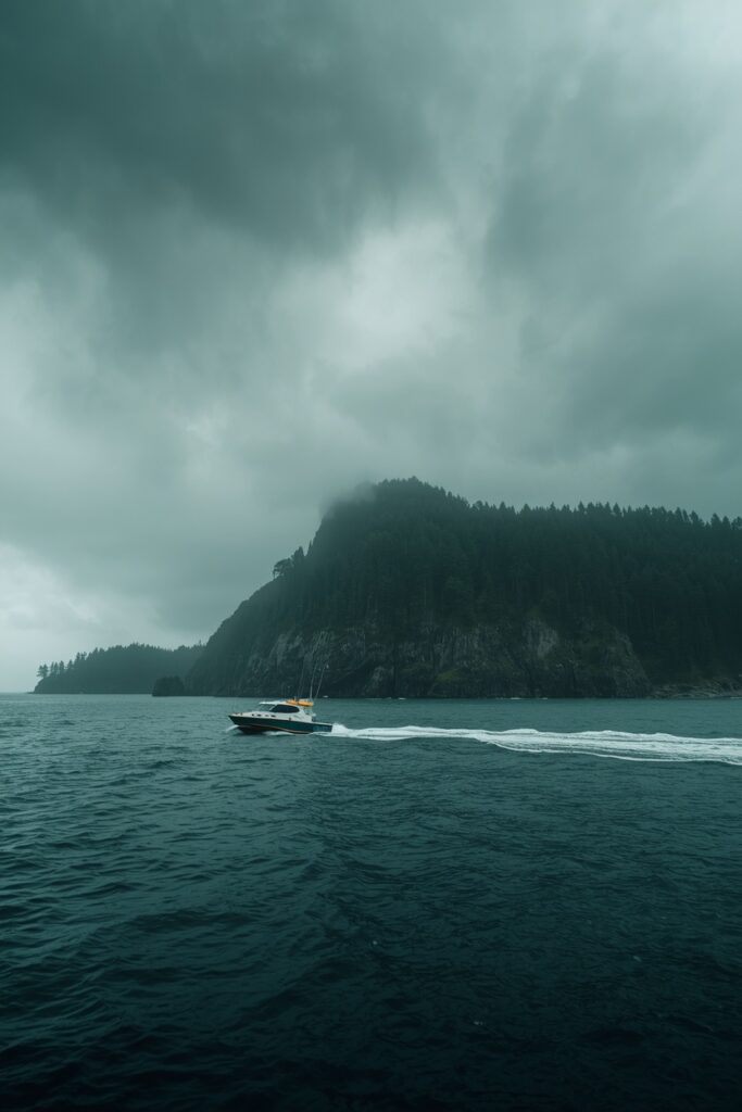 A Boat going to the Mist-covered view of Snake Island rising from the Atlantic Ocean, the world's only natural home of the golden lancehead viper.