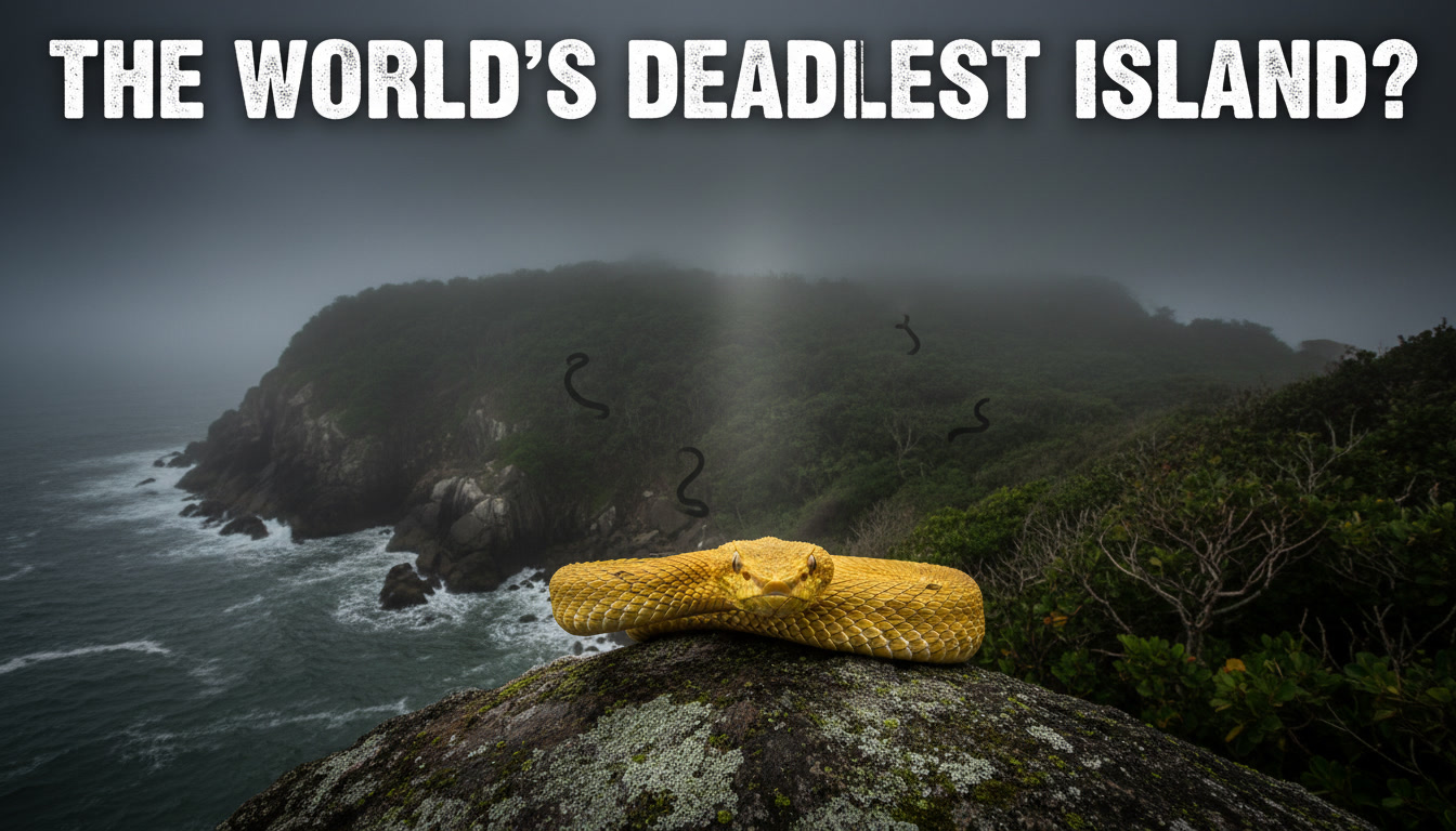 Featured image of Snake Island with a golden lancehead viper and the text "The World's Deadliest Island?" highlighting Brazil's infamous Snake Island.