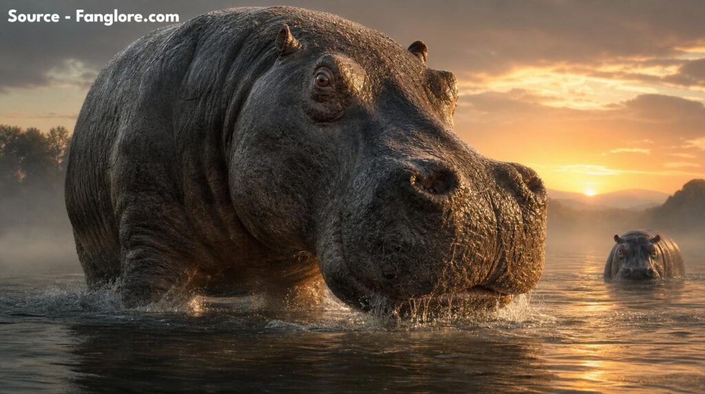 Illustration of Hippopotamus gorgops, a giant prehistoric hippo ancestor weighing 9,000 pounds, standing in an African river at sunrise