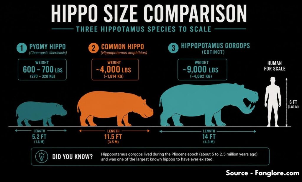 Infographic comparing the size of a pygmy hippo, modern common hippo, and the extinct Hippopotamus gorgops, showing weight and length differences