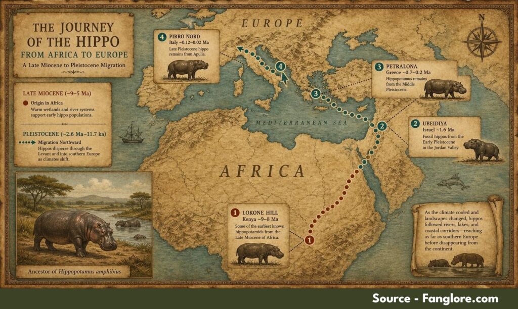 Map illustration showing the migration of Hippopotamus gorgops from Late Miocene Africa into Pleistocene southern Europe
