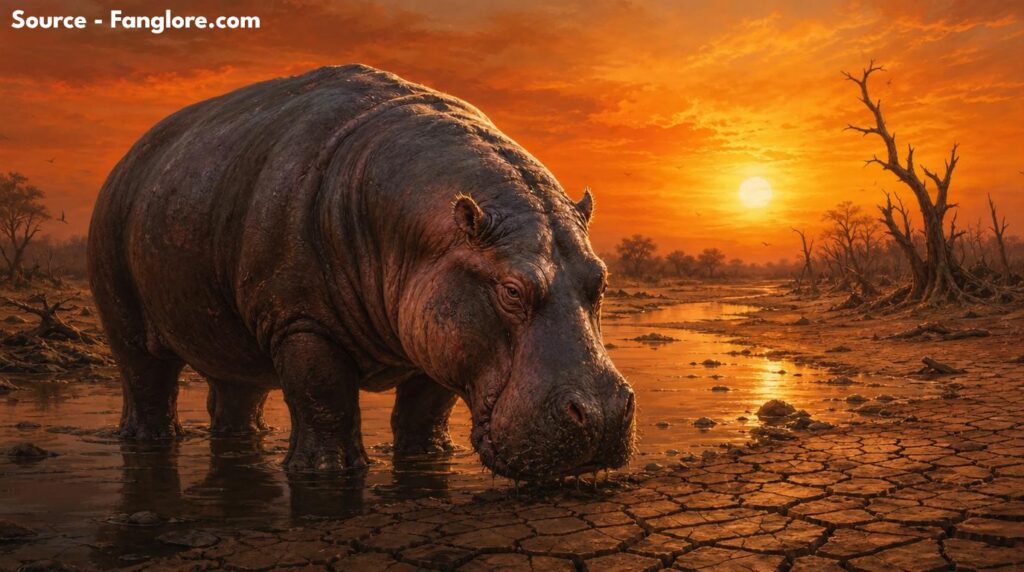 Illustration of a giant prehistoric hippo standing in a drying riverbed, depicting the climate-driven habitat loss that led to its extinction