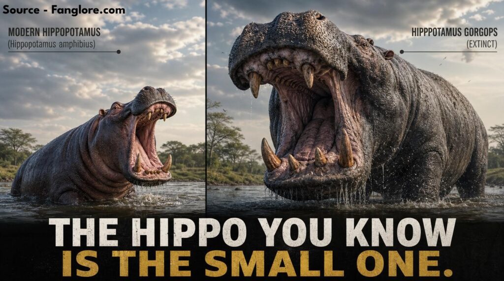 Side-by-side comparison of a modern hippo and its much larger extinct ancestor, Hippopotamus gorgops, both shown yawning to display size difference