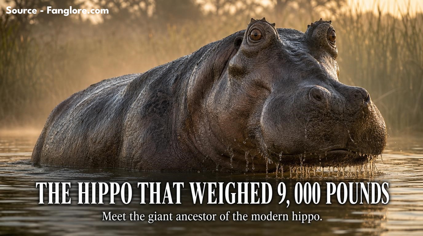 Featured image featuring Hippopotamus gorgops, a giant prehistoric hippo ancestor weighing 9,000 pounds, in a river