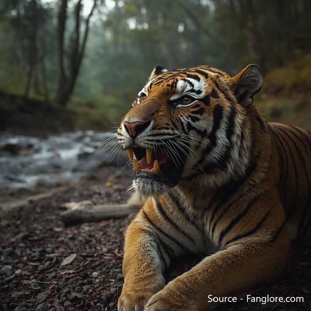 Close-up of the Champawat tigress showing broken canine teeth that likely forced the injured Bengal tiger to hunt humans instead of natural prey.