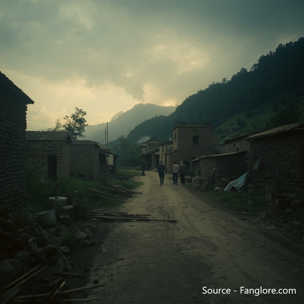 A quiet Himalayan village near Champawat at sunset as residents watch the forest in fear during the reign of the infamous man-eating tiger.