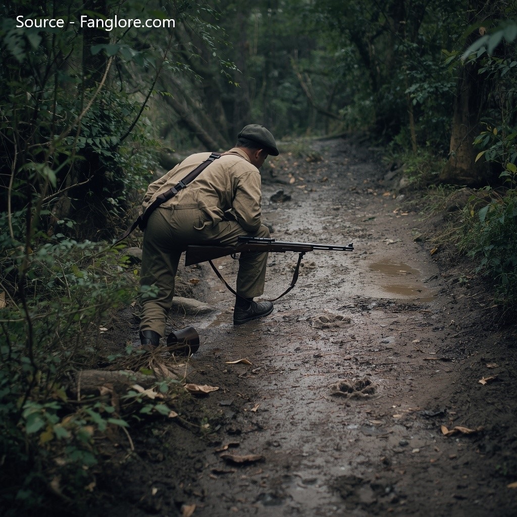 Jim Corbett carefully tracking fresh tiger footprints through dense Himalayan forest while searching for the Demon of Champawat.