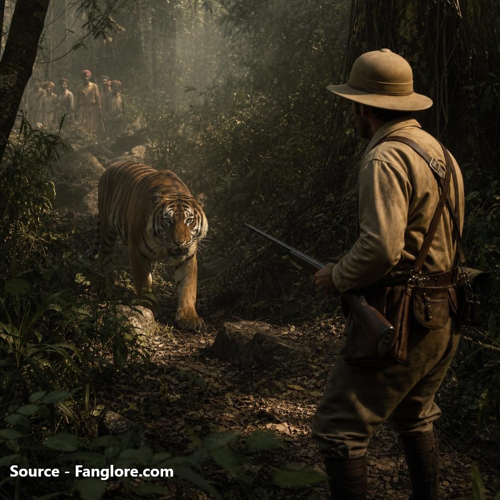 Historical depiction of Jim Corbett confronting the Demon of Champawat during the legendary final hunt that ended the tigress's reign in 1907.